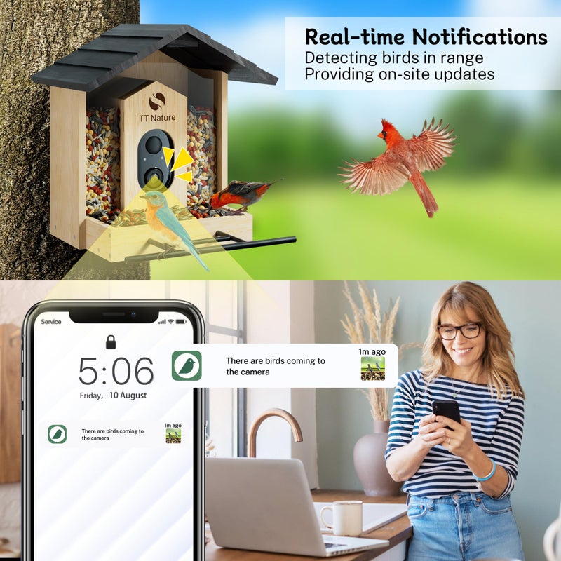 TT Nature Bird Feeder with Camera  Upgraded 1.5L Smart Bird Feeder with AI Identify for 10000+ Bird Species  Auto Capture Bird & Real-time Notifications  Ideal Gift for Bird Lover (Wooden Roof) - Image 2